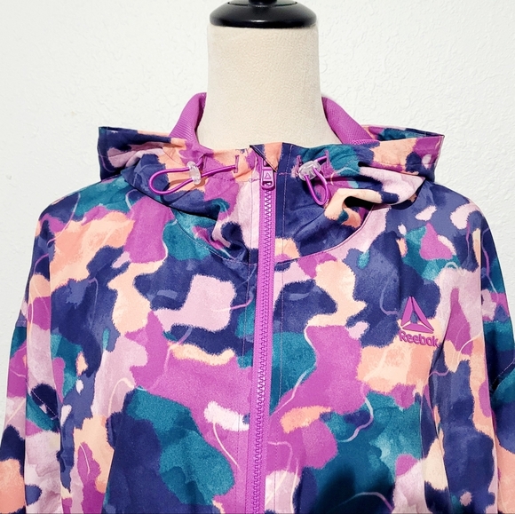 Reebok Women’s Hooded Windbreaker Jacket Abstract Print Size Large Zip Front - Picture 4 of 15